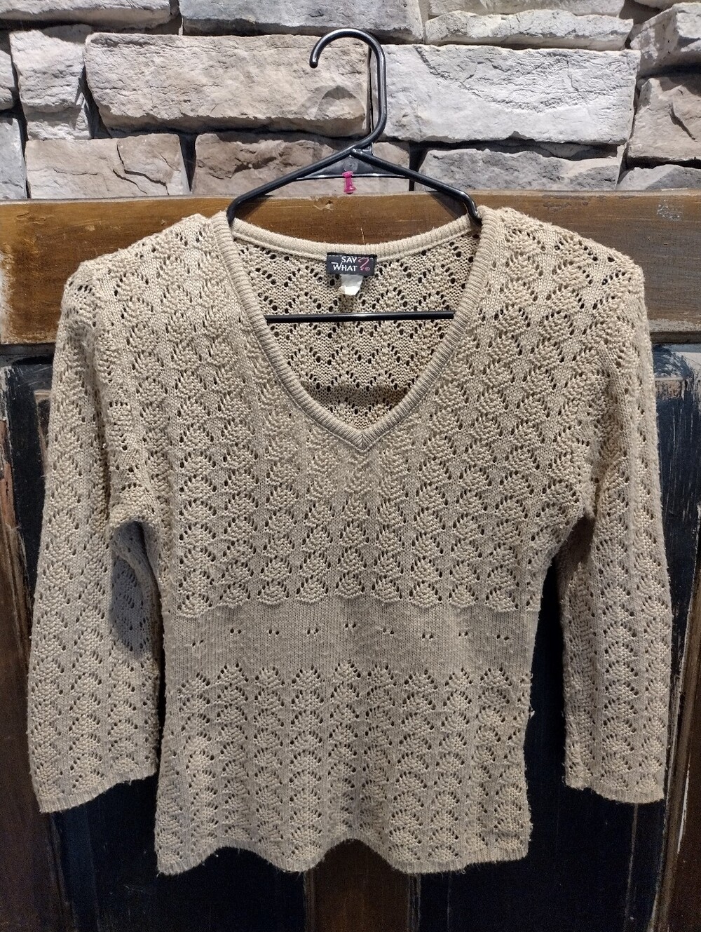 Say What? Openwork V-Neck Knit Sweater in Beige Tan